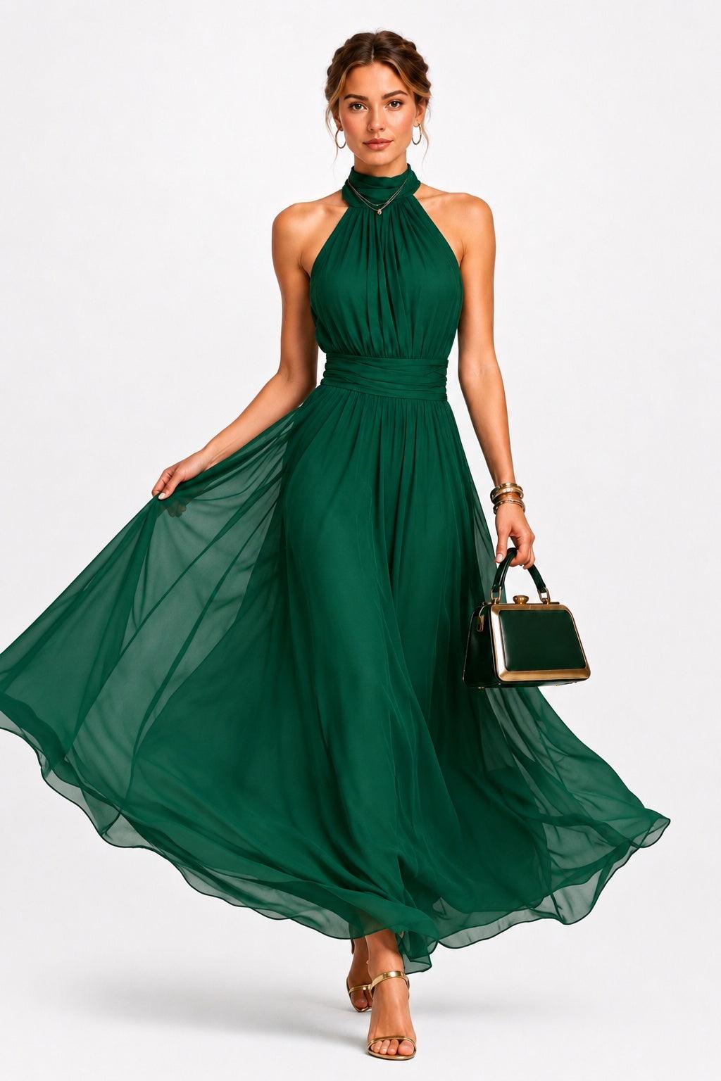 A-Line Maxi Chiffon Wedding Guest Dress CG0379 - Hunter Green - COCOMELODY